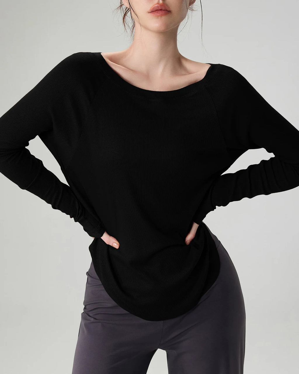 マルボートネックリブニットロングトップ 3065