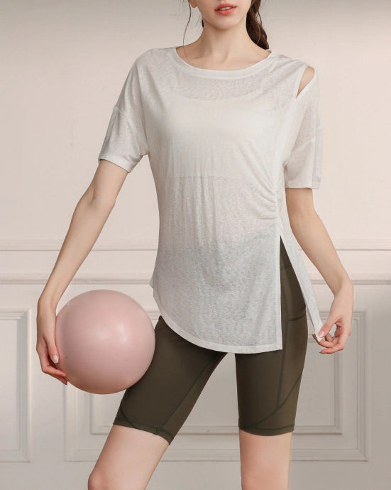 くすみハーフシアーショルダーカットアウトヨガT 3079