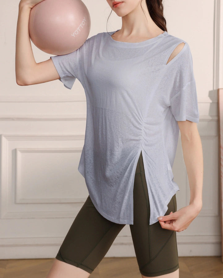 くすみハーフシアーショルダーカットアウトヨガT 3079
