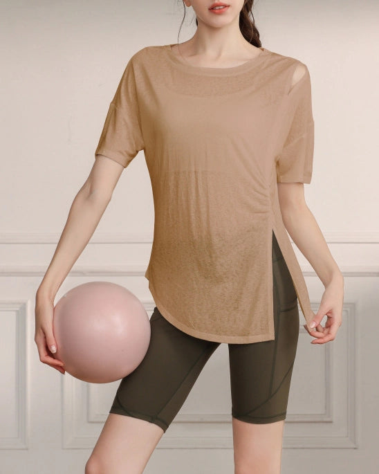 くすみハーフシアーショルダーカットアウトヨガT 3079