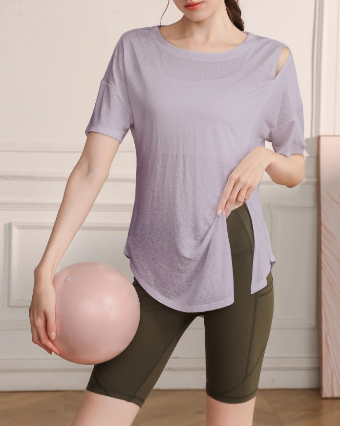 くすみハーフシアーショルダーカットアウトヨガT 3079