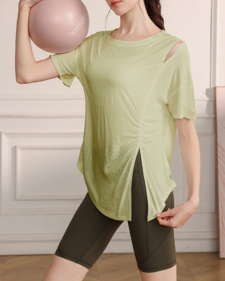 くすみハーフシアーショルダーカットアウトヨガT 3079