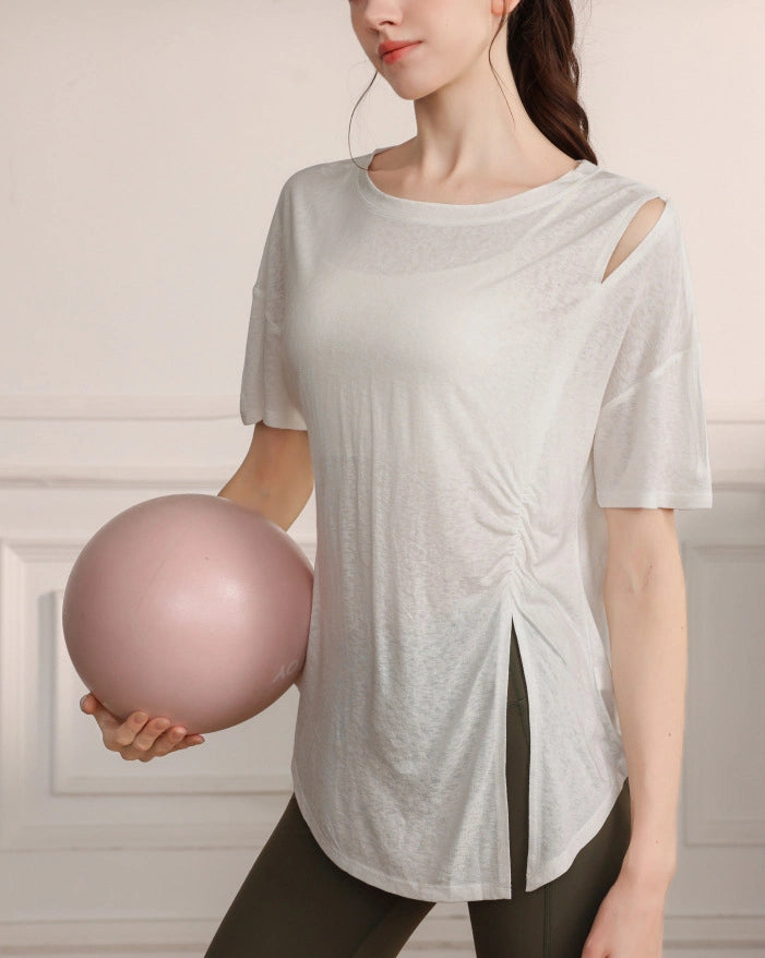 くすみハーフシアーショルダーカットアウトヨガT 3079