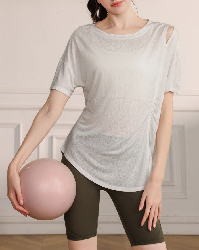 くすみハーフシアーショルダーカットアウトヨガT 3079