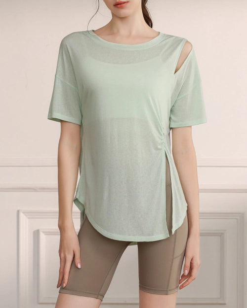 くすみハーフシアーショルダーカットアウトヨガT 3079