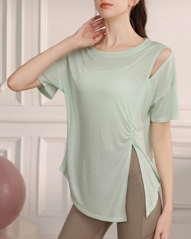 くすみハーフシアーショルダーカットアウトヨガT 3079