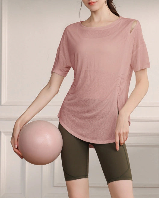 くすみハーフシアーショルダーカットアウトヨガT 3079