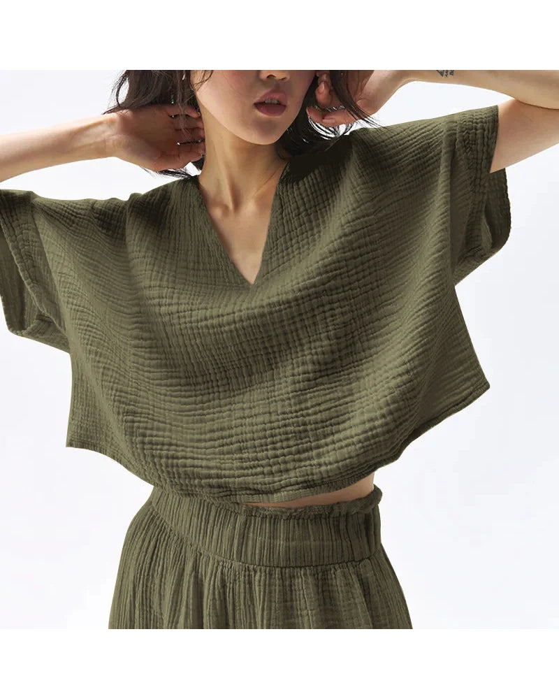 Vネックワッフルニットゆったりヨガトップ 3085