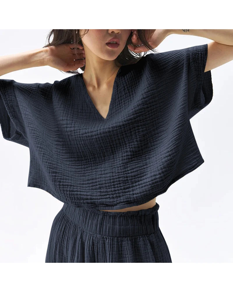 Vネックワッフルニットゆったりヨガトップ 3085