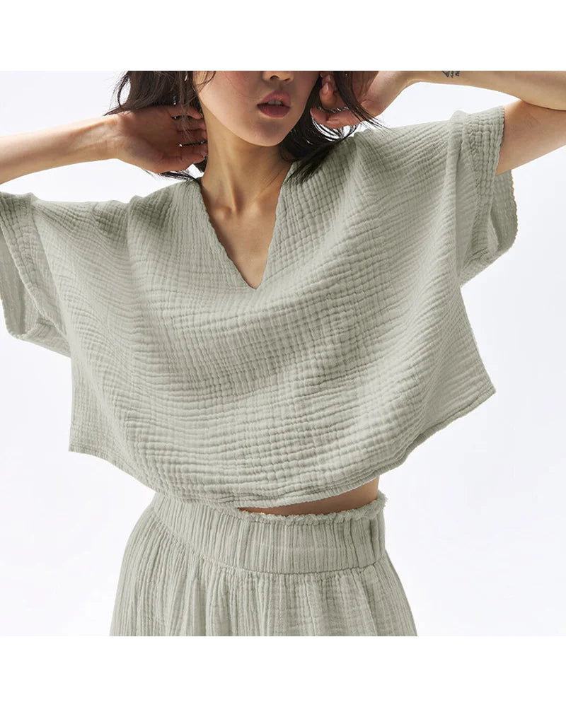 Vネックワッフルニットゆったりヨガトップ 3085