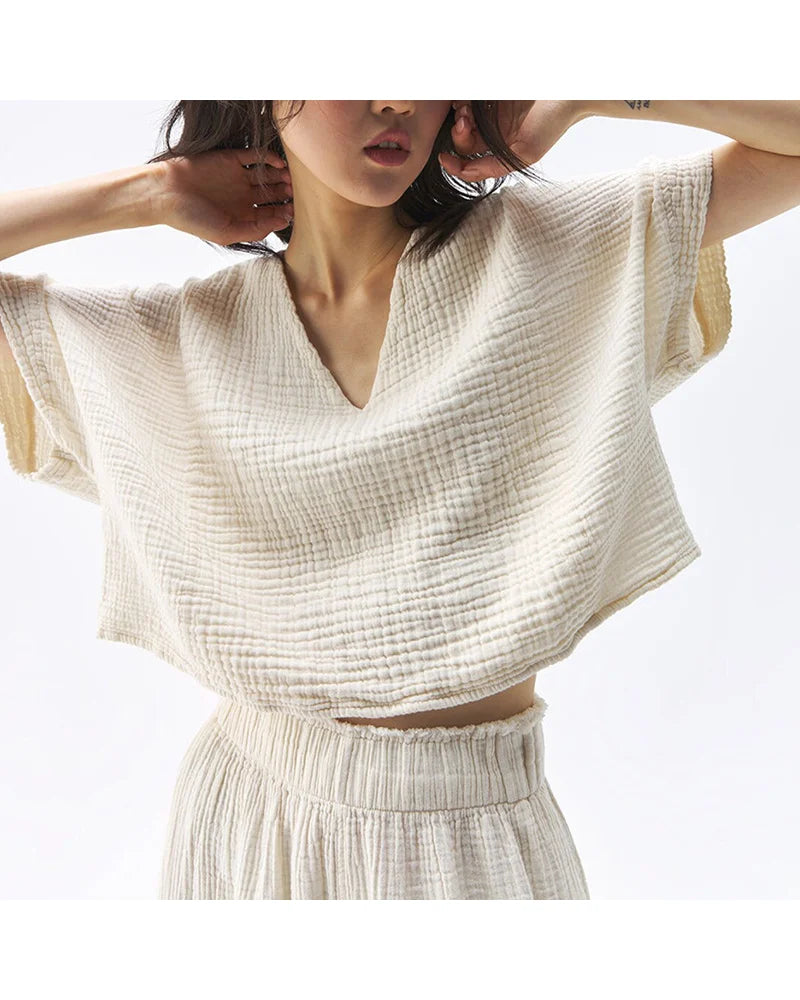 Vネックワッフルニットゆったりヨガトップ 3085