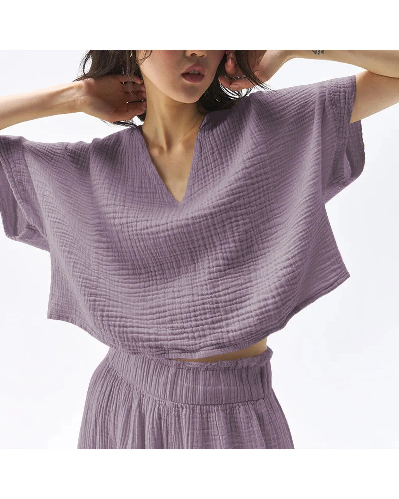 Vネックワッフルニットゆったりヨガトップ 3085